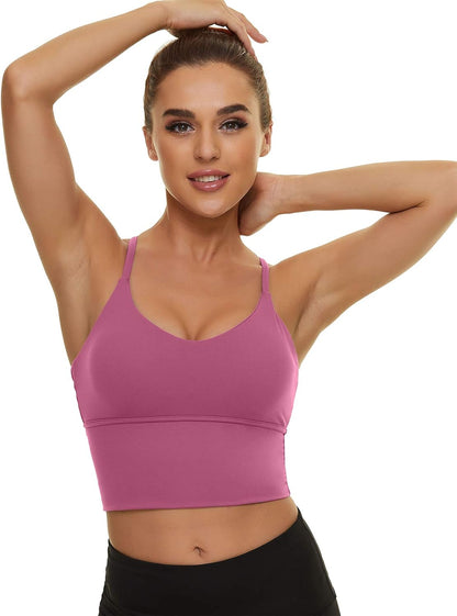 High Support Longline Sports Bra for Women - Padded Strappy Yoga Crop Top with Built-in Bra for Ultimate Comfort and Style